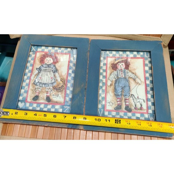 Set of VTG Rustic Signed Raggedy Ann & Raggedy Andy Blue Wooden Framed Prints - Picture 15 of 15